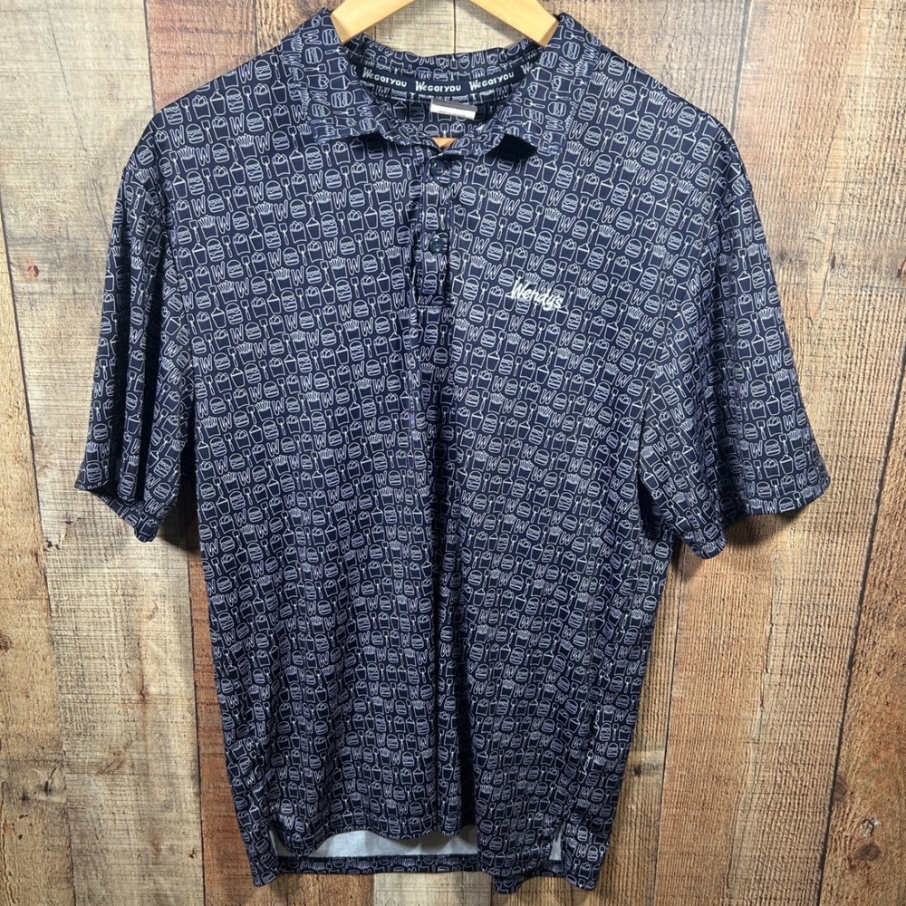 Wendys Uniform Shirt Medium Fast Food Work Shirt Graphic Print Polo Navy Blue